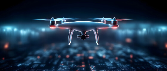 Futuristic drone hovering above a grid of digital lights, showcasing advanced aerial technology.
