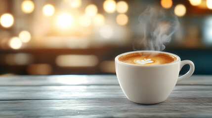 Obraz premium A steaming cup of coffee on a wooden table, with a warm, inviting background of soft lights.
