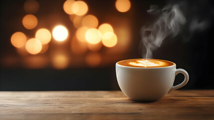 Obraz premium A steaming cup of coffee sits on a wooden table against a cozy, blurred background of warm glowing lights.