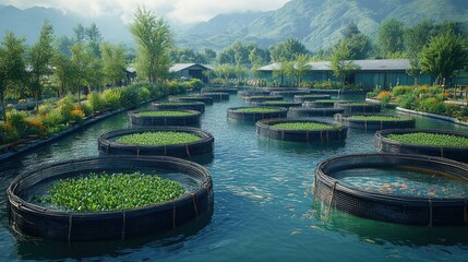 Fototapeta premium Serene water garden with circular plant beds and mountains in background.