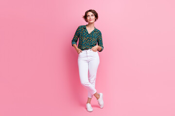 Full length size photo of bob brown hair business lady product owner deep thinking looking novelty...