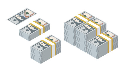 bundle of of new 100 dollar banknote wad with currency strap set, isometric