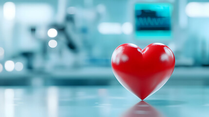 A shiny red heart symbolizing love and passion, set against a soft-focus laboratory background.