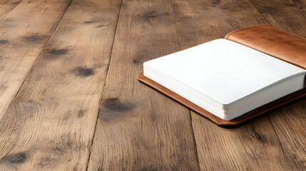 Fototapeta premium An open blank notebook on a rustic wooden table, inviting ideas and creativity.