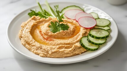 Rustic hummus presentation with radish and cucumber slices on a white plate, placed on a marble countertop with a touch of natural light