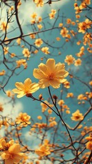 Yellow flowers blooming on a tree branch against a blue sky.