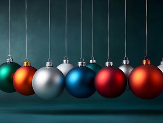 Obraz premium Colorful Christmas ornaments hanging against a subtle background, creating a festive and joyful atmosphere.