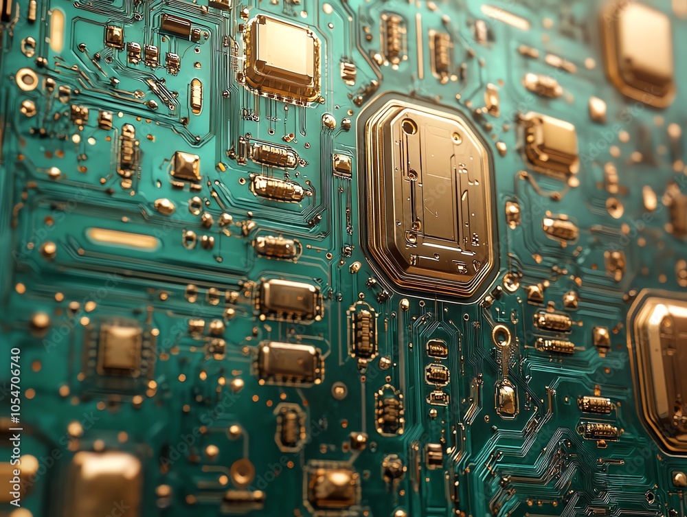 Aufkleber close-up of a green circuit board with gold chips, showcasing the intricate design and complex circu