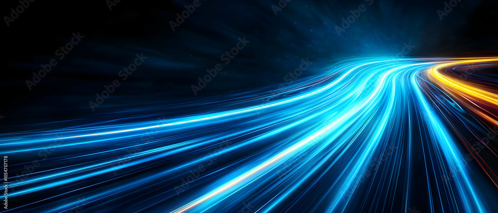 Wall mural dynamic light trails create a vibrant and abstract background with blue and orange streaks against a