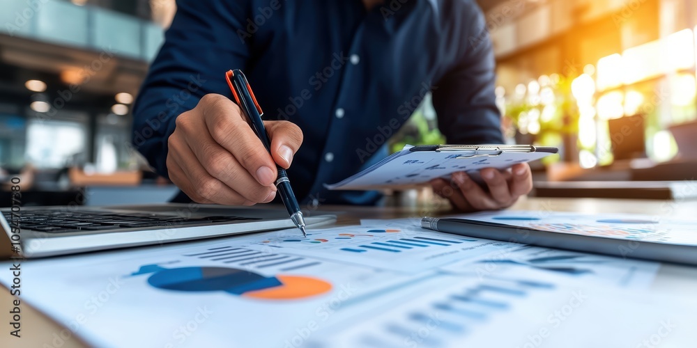 Poster data analyst evaluating key metrics and generating insightful reports for business growth and strate