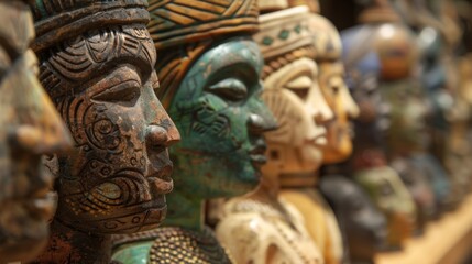 Fototapeta premium Several colorful wooden african statues with intricate carvings are lined up in a row, showcasing the craftsmanship and artistry of the culture