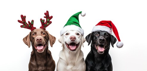 dogs celebrating christmas holidays wearing a red santa claus hat, reindeer antlers and elf hat. Isolated on white background