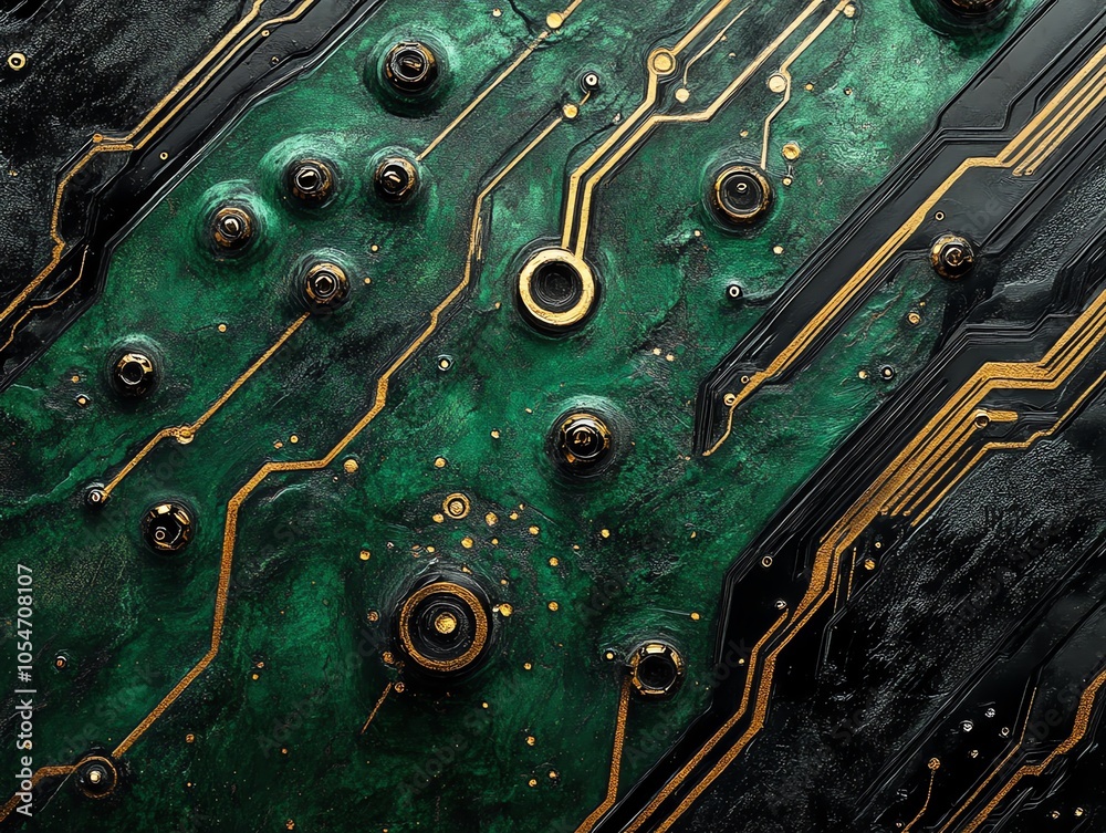Poster close-up abstract image of a circuit board with green and gold colors, showing a futuristic design a