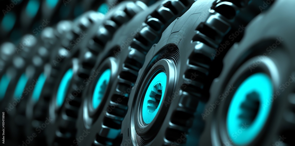 Fototapete close-up of a row of black gears with blue centers, creating a repeating pattern.