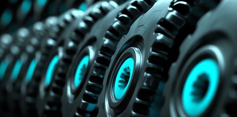Close-up of a row of black gears with blue centers, creating a repeating pattern.