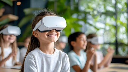 Obraz premium Teacher and students using virtual reality headsets in classroom technology enhancing and transforming the educational experience through immersive digital learning