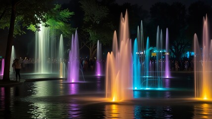 colorful fountain with the lights lit up