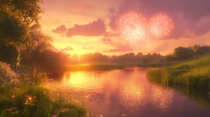 Fototapeta premium Serene Reflections on a Calm River at Sunset