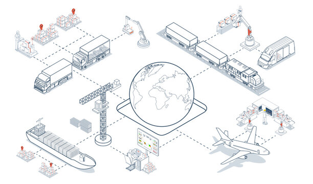 Global logistics network is an integrated system where companies collaborate to provide worldwide transportation, supply chain management, and warehousing services. Vector illustration EPS 10