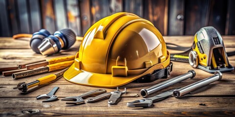 Fototapeta premium A close-up shot of a helmet surrounded by various tools , safety, protection, gear, equipment, work, construction, hard hat