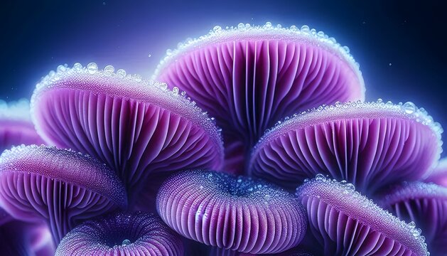 A Contemporary Symphony of Purple Mushrooms gills Galaxy Purple with due and Enchanting Amethyst colous. Fantasy art, Home decor, Sci-Fi and Social media eye catching visual.