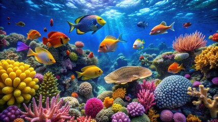 Fototapeta premium Colorful underwater coral reef with vibrant tropical fish swimming among the coral formations, coral reef, fish, underwater