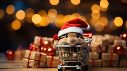 A cute guinea pig wearing a Santa hat sits in a miniature shopping cart surrounded by gift-wrapped presents and holiday lights, creating a festive scene.