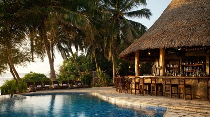 Serene Poolside Bar Surrounded by Lush Tropical Nature