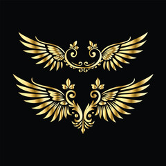 Royal Gold Wing Collection: Vintage Angel, Bird & Cupid Wing Icons in Decorative Black & Gold Frames, Perfect for Elegant Logos, Icon Sets, and Ornamental Designs

