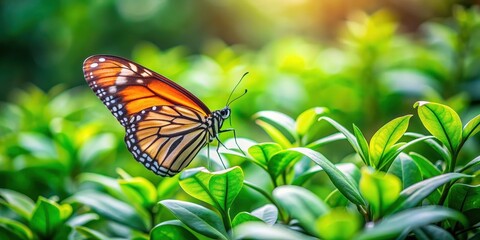 Obraz premium Fragile butterfly perched delicately on lush green plants in a peaceful park setting, fragile, butterfly, green, plants
