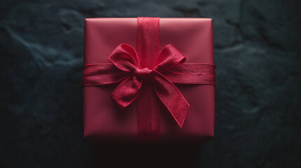 Red Gift Box with Satin Ribbon Bow on Dark Background