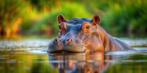 Fototapeta premium Hippopotamus bathing peacefully in a calm water body, hippopotamus, water, bathing, peaceful, wildlife, animal, aquatic