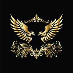 Royal Gold Wing Collection: Vintage Angel, Bird & Cupid Wing Icons in Decorative Black & Gold Frames, Perfect for Elegant Logos, Icon Sets, and Ornamental Designs

