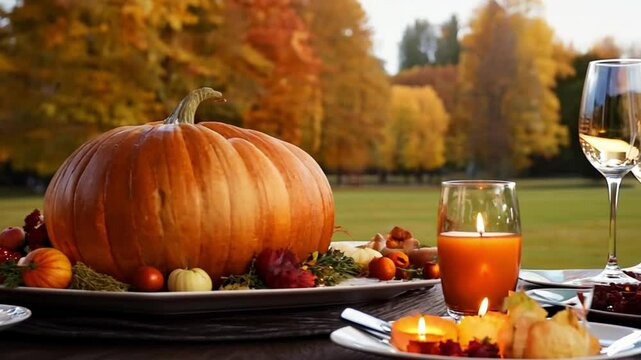 Static shot on foreground A festive Thanksgiving table filled with a roasted turkey, pumpkins, cornucopia, and candles glowing warmly. on the background blurry scene autumn at park and leaves scattere