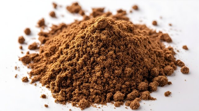 Close up of a small mound of ground cumin powder with earthy warm tones against a clean white background  The textured grainy spice is showcased in a minimalist natural still life composition