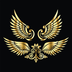 Obraz premium Golden Angel Wings: Vintage Frames & Decorative Icons with Cupid and Bird Wings 