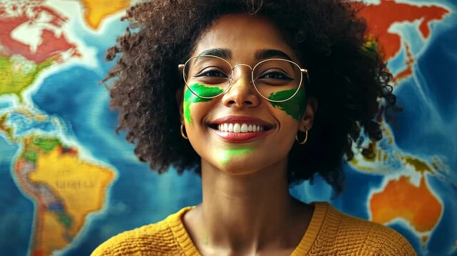 A woman with green paint on her face smiles brightly in front of a world map