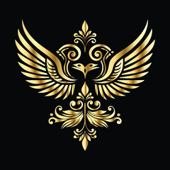 Fototapeta premium Royal Gold Wing Collection: Vintage Angel, Bird & Cupid Wing Icons in Decorative Black & Gold Frames, Perfect for Elegant Logos, Icon Sets, and Ornamental Designs 