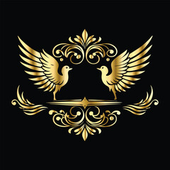 Royal Gold Wing Collection: Vintage Angel, Bird & Cupid Wing Icons in Decorative Black & Gold Frames, Perfect for Elegant Logos, Icon Sets, and Ornamental Designs
