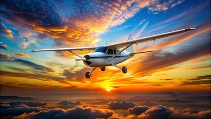 Single propeller light aircraft flying in the colorful sunset sky, sunset, airplane, propeller, aviation, flying, dusk