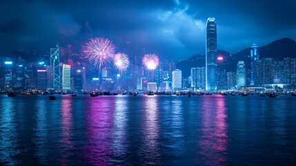 Vibrant Fireworks Over Urban Harbor at Night