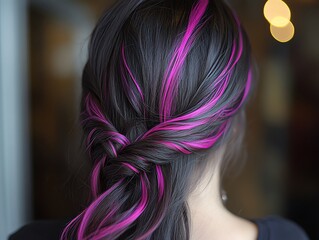 A woman with long black hair with pink highlights braided into a ponytail.