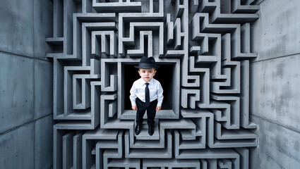 上から俯瞰して見た迷路の中心にいる子供のビジネスマンの挑戦。生成AI