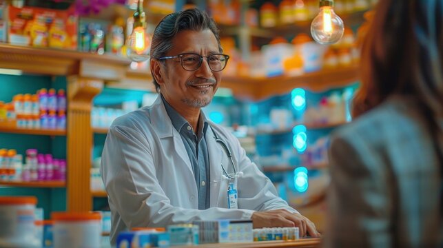 Pharmacy specialist: male pharmacist, demonstrating professionalism and skill in a modern pharmacy environment, with aon his attentive role in providing medication and health advice.