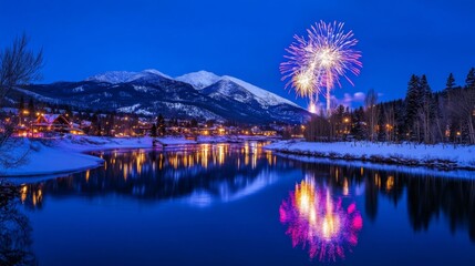 Obraz premium Vibrant Night Over Snowy Mountain and River Reflections