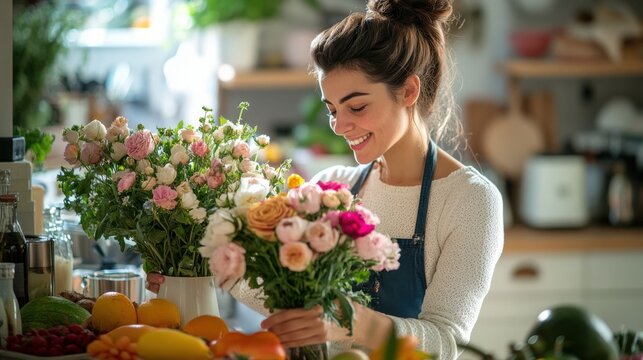 Smiling housewife arranging fresh flowers in a vase in a bright kitchen, surrounded by fruits and vegetables,
