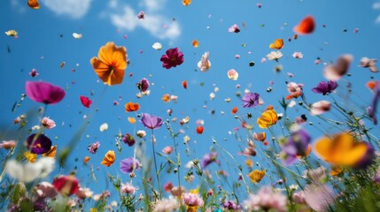 A mix of colorful wildflower petals suspended in mid-air during a spring afternoon