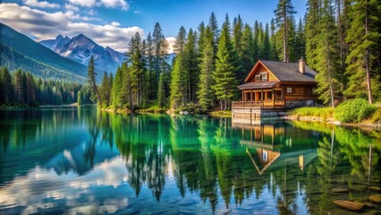 Fototapeta premium Chalet overlooking a crystal lake nestled among pine trees, chalet, crystal lake, pine trees, nature, cabin, peaceful