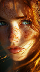 Young woman with freckles, catching the last rays of sunset. Evening light, beauty of freckled skin
