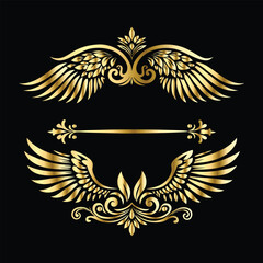 Fototapeta premium Royal Gold Wing Frames: Iconic Angel and Bird Wings in Decorative Silhouettes 